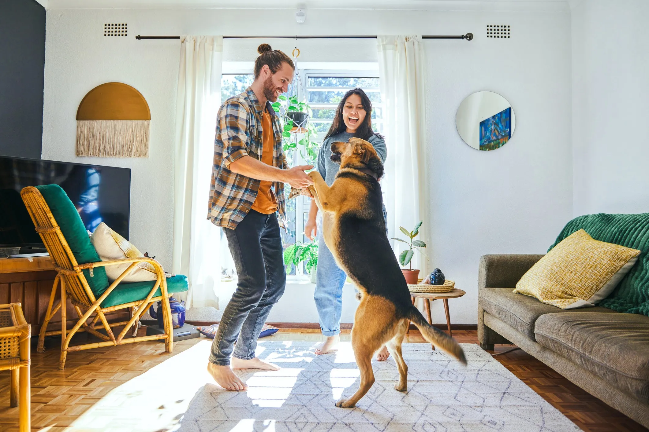 Young couple playing with their dog in their living room